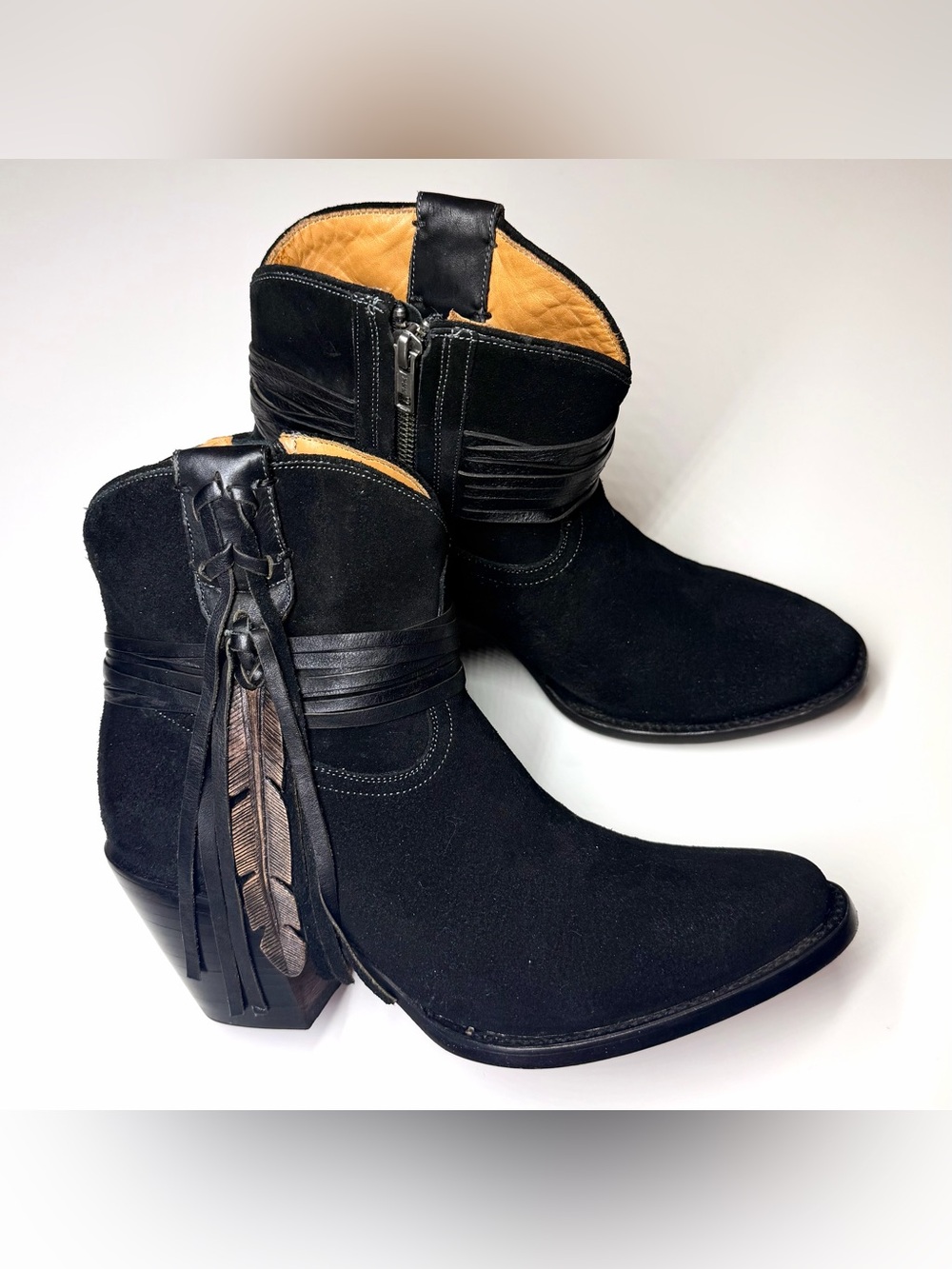 Lucchese Women’s  Robyn Feather Black Suede Ankle Western Boots Size - 8.5 B